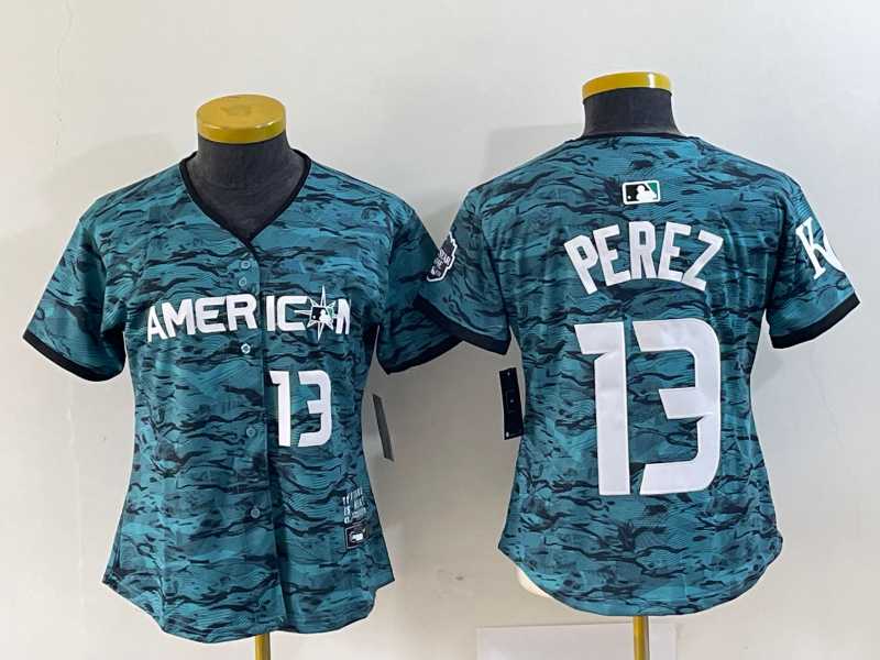 Women%27s Kansas City Royals #13 Salvador Perez Teal 2023 All Star Cool Base With Patch Stitched Baseball Jersey